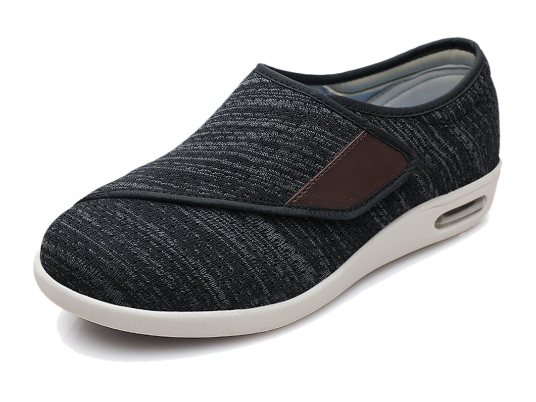 DW-015 Extra Wide Wrap Trainer in Charcoal Marl, three-quarter view showing the closure and the midsole