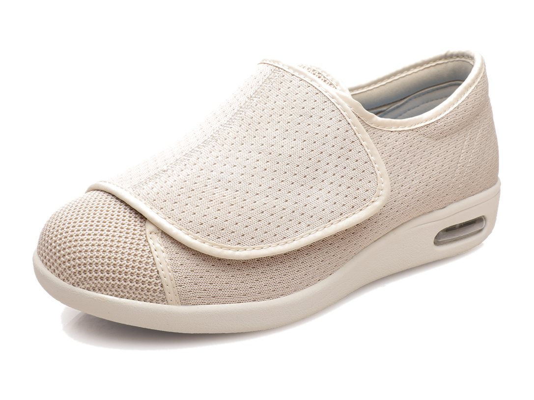 DW-019 Full-Wrap Extra Wide Trainer in Sand, three-quarter view showing the closure and the midsole